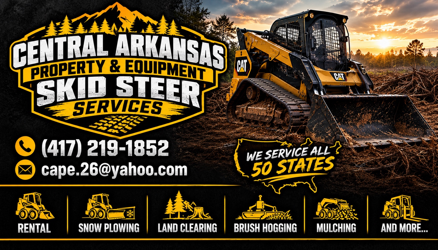 Original black and gold Central Arkansas Property & Equipment brand graphic with skid steer, forestry imagery, services, and contact information